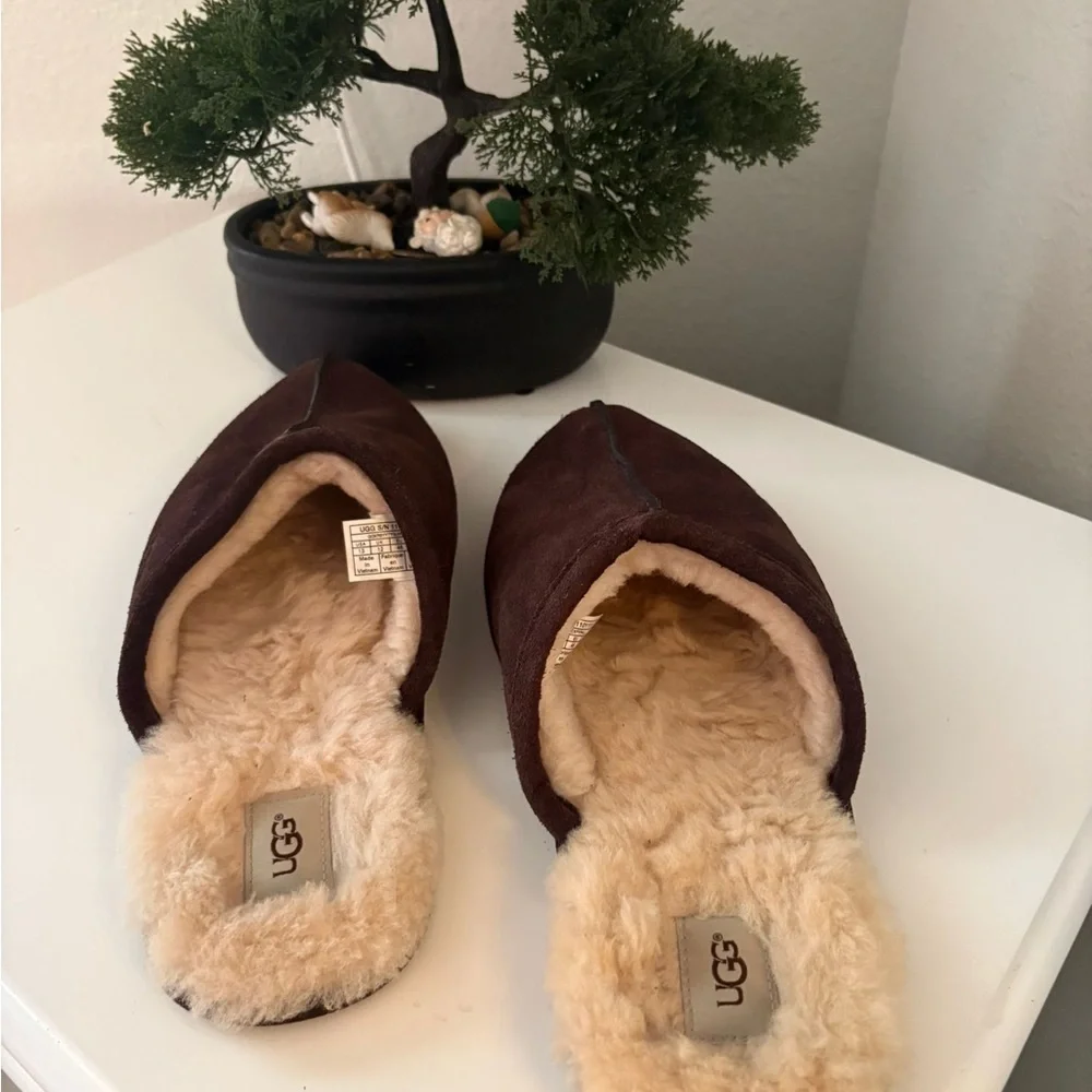 UGG Chocolate Suede Shearling Slippers - Picture 2 of 4